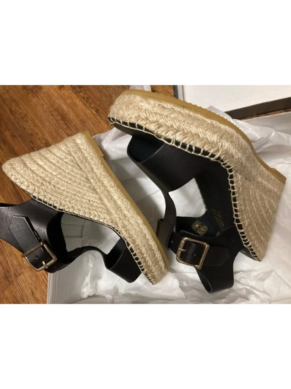 Paseart Espadrille Wedge Sandals Black Leather  Women's Size 6.5 US 37 EUR New